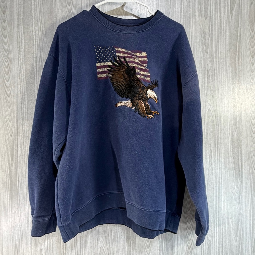 Croft & Barrow Embroidered Eagle USA Flag Blue‎ Grandpa Crew Sweatshirt Mens Med